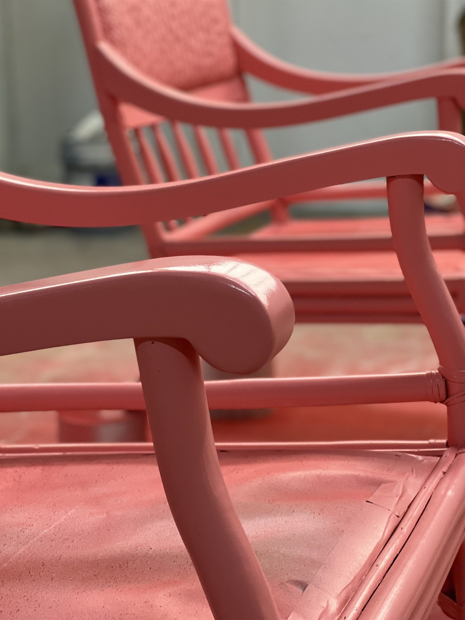 Patio furniture refinished in coral lacquer